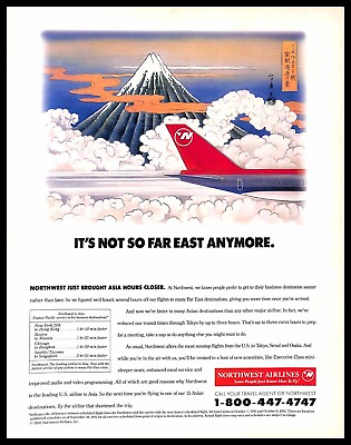 #ad 1992 Northwest Airlines Vintage PRINT AD Asia Flights Mount Fuji $8.99