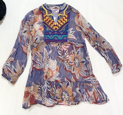#ad Soft Surroundings Embroidered Floral Colorful Bohemian Fringe Blouse Top Sz M $29.99