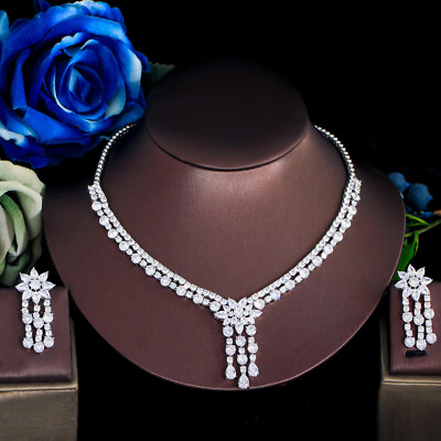 #ad Dazzling Flower Tassel Earring and Necklace Set Silver Plated CZ Wedding Jewelry $26.80