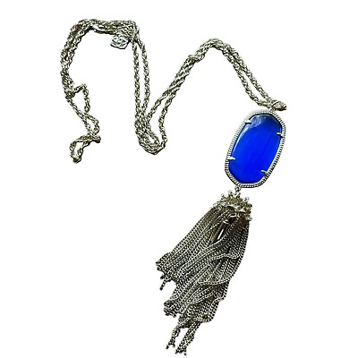 #ad Kendra Scott Necklace Rayne Cobalt Blue Pendant Goldtone Tassel Chain $38.88