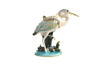 #ad Bejeweled quot; White Heron Bird quot; Hinged Metal Enameled Rhinestone Trinket box $20.99