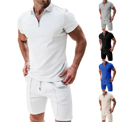 #ad Men 2Piece Polo Set Zipper Short Sleeves Tracksuit Short Pants Loose Sports Suit $30.47