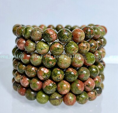 #ad 6 Pcs Charming 8mm Green Unakite Round Gemstone Beads Elastic Bracelet 7.5quot; AAA $12.21