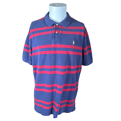#ad Vintage Polo Ralph Men#x27;s XL Striped Blue Red Knit Shirt Embroidered Yellow Pony $14.97