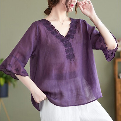 #ad Retro Style Ladies Blouse Top Ethnic Embroidery Semi Sheer Flare Sleeve Summer $23.39