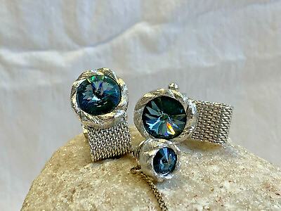 Beautiful Vtg Cuff Links amp; Tie Tack Blue Stone Silver Tone Jewelry Bling Gift $29.95