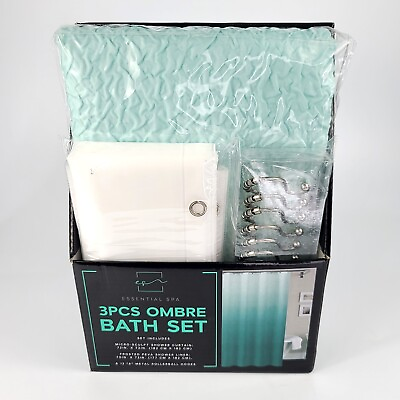 ESSENTIAL SPA 3 Piece OMBRE Bath Set Shower Curtain Liner amp; 12 Metal Hooks Aqua $26.99