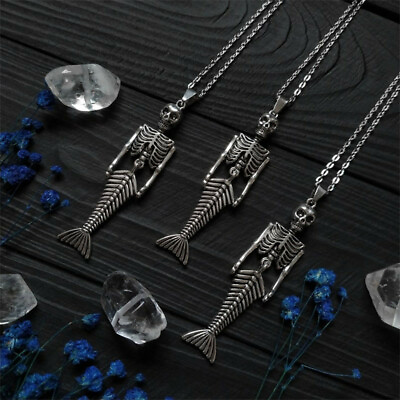 #ad 3pcs Fashion Trendy Cool Mermaid Skull Necklace Chain Silver Alloy Pendant $10.29