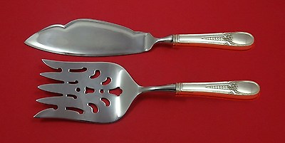 #ad Flowered Antique by Blackinton Sterling Silver Fish Serving Set 2 Piece Custom $149.00