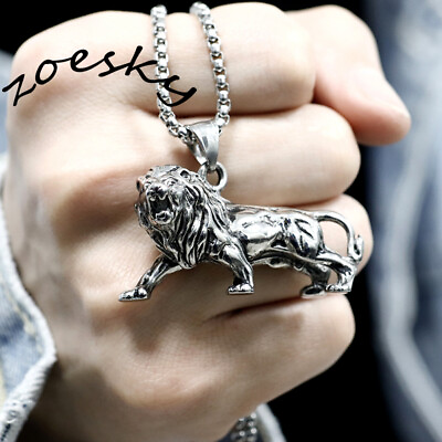 Mens Silver Lion Pendant Animal King Necklace Punk Jewelry Stainless Steel Chain $12.99