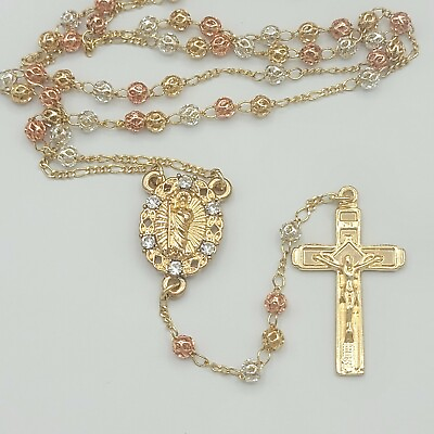 Tri Color Gold Plated Saint Jude Necklace Rosary 22in. Rosario San Judas $17.99