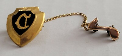 #ad Vintage Gold tone Monogrammed Shield Pin w Music Note Attached by Chain $13.99