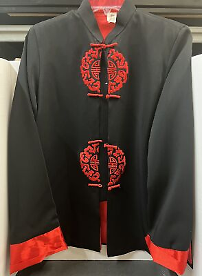 #ad Vintage Asian Chinese Black Red Embroidered Tang Jacket Size M $39.99