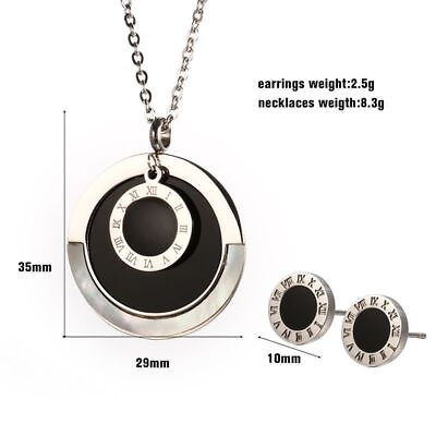 Women Round Earring Roman Numeral Necklace Charming Jewelry Set Stainless Steel $17.26