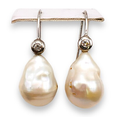 #ad 14k White Gold Diamond Vintage Baroque Pearl Earrings .50 Ct $499.00