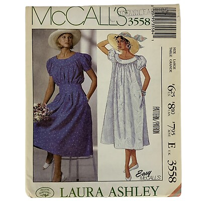 #ad McCalls 3558 Laura Ashley Dress Scoop Neck Size Large Sewing Pattern 1988 UNCUT $24.99