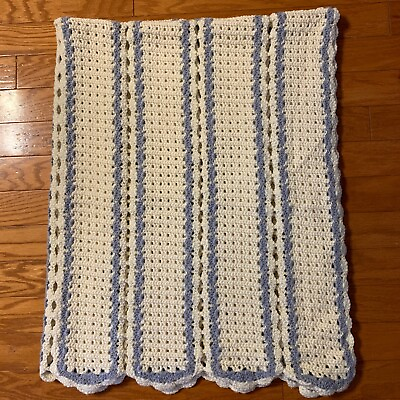 #ad Vintage Crocheted Afghan Blanket Handmade Lavender amp; White Throw 63 x 46 Nursery $21.75