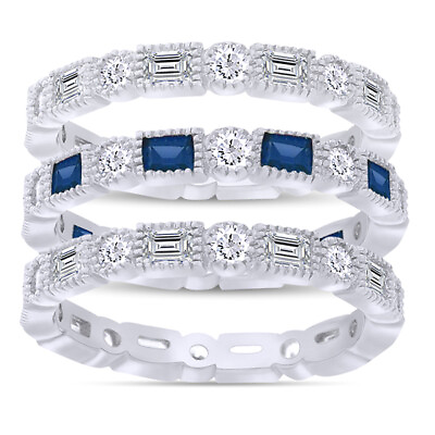 #ad Simulated Diamond Blue Sapphire 2.65ct 3 Pc. Band Ring Set White Gold Finish $290.12
