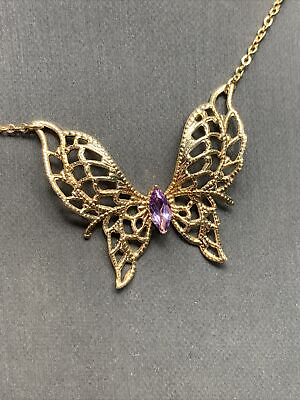 #ad Signed Kind Purple Rhinestone 14K HGE Filigree Butterfly Necklace Vintage $23.00