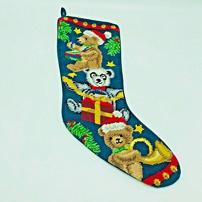#ad Needlepoint Embroidered Stocking Christmas Bears Toys Music Velvet Back Classic $57.50