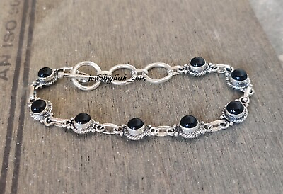 #ad Black Onyx Solid 925 Sterling Silver Round Gemstone Adjustable Bracelet SK1305 $13.56