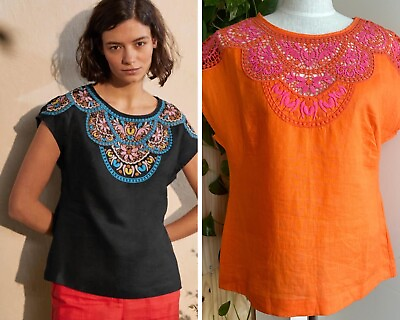 #ad New Boden 100% Linen Fleur Embroidered Top Crochet Women’s Size 10 Blouse Orange $29.99