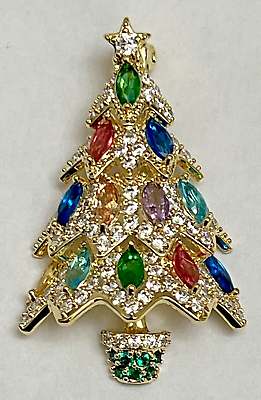 #ad Vintage Christmas Tree Multicolor Crystal Rhinestone Brooch Pin Glass Gold Tone $16.99