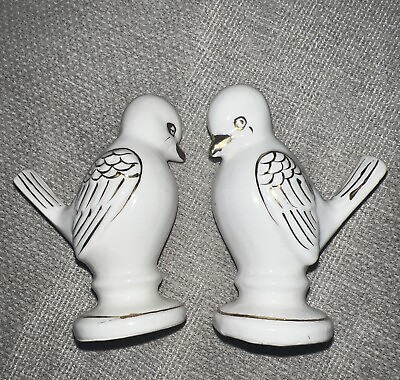 #ad Vtg Love Bird Salt and Pepper Shakers Porcelain Ceramic Gold White JAPAN 3.quot; MCM $11.99