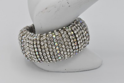 #ad Statement Bracelet Stretchy Rhinestone Crystal Sparkling Shiny Silver Tone Bin2 $29.20