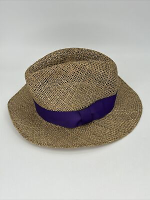#ad Vintage Worth and Worth Straw Hat with Grosgrain Purple Ribbon Boater Derby Hat $18.75