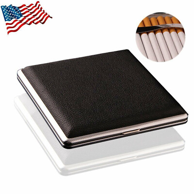 #ad PU Leather Cover Metal Cigarette Case Box Double Sided Clip for 20 Cigarette US $4.99