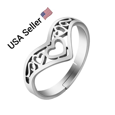 #ad New Stainless Steel Adjustable Open Rings Silver Plated heart hollow herringbone $3.99