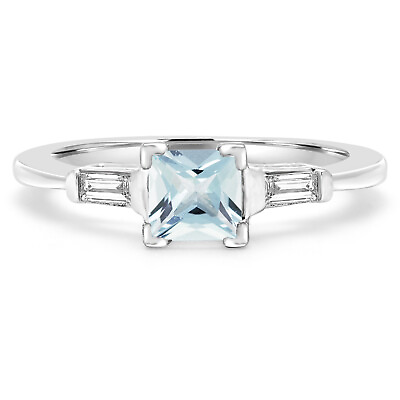 #ad 0.96 CT Princess AAA Blue Aquamarine Three Stone Engagement Ring 14K White Gold $949.00