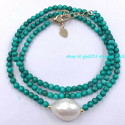 #ad 20quot; 4mm Green Turquoise White Baroque Pearl Necklace Women Real Jewelry $4.50