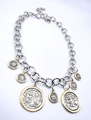 #ad UNIQUE Chunky Designer Rustic Silver Gold Roman Coin Charms Link Chain Necklace $29.59