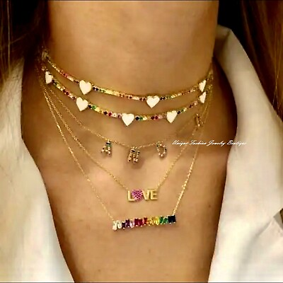 #ad 18k Gold Plated Multicolor Heart Tennis Necklace made w Swarovski Valentine Gift $40.50