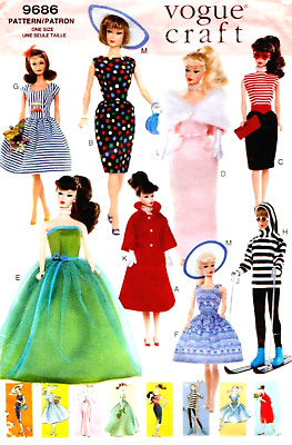 #ad Vintage Barbie Clothes Pattern Reproduction 8 Retro style Outfits Vogue 9686 $8.95