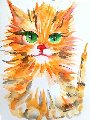 #ad Original Ginger tabby cat art Watercolor paintingpet lover giftorange Cat 5x7 $15.00