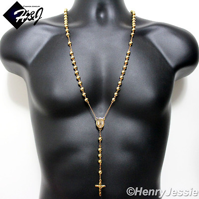 #ad #ad 305quot;MEN#x27;s Stainless Steel HEAVY 8mm Gold Plated Beads Cross Rosary Necklace $19.99