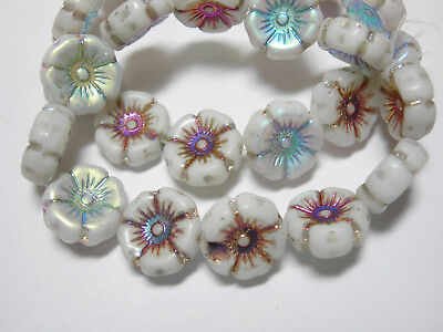 #ad 12 beads White with a sliperit metallic AB finish Czech Glass Flower Beads 12mm $7.39