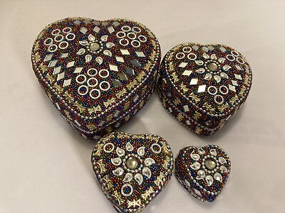 #ad 4 Nesting Heart Shaped Lidded Trinket Box Red Beads Mosaic Mirror amp; Rhinestones $15.00