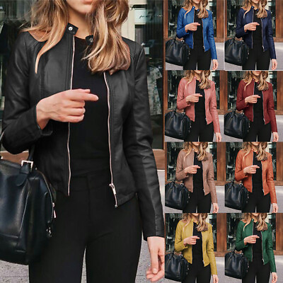 #ad Ladies Casual Zip Up Faux Leather Jacket Biker Blazer Coat Women Outwear Tops US $12.88