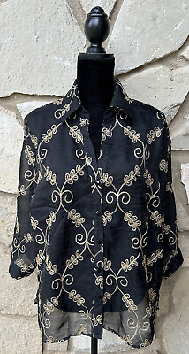 #ad Karen Arnold Dressy Holiday Blouse 2X Black Gold Embroidery Semi Sheer Organza $24.99