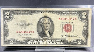 #ad 1953 A $2 United States Currency Legal Tender Note Red Seal REPEAT 4444 SERIAL # $17.50