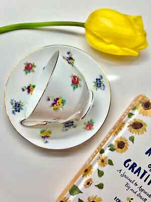 #ad Crown Staffordshire Bone China Rose Pansy Floral Footed Teacup amp; Saucer $18.75