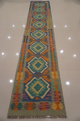 #ad 13 ft Blue Afghan Hand Woven Wool Reversible Tribal Runner Rug 2#x27;7x12#x27;10quot; $339.00