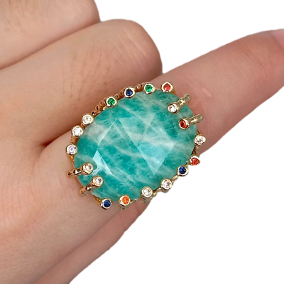 #ad Big Stone Ring Natural Green Amazonite New Fashion Gold Plated Amazonite Ring $14.25