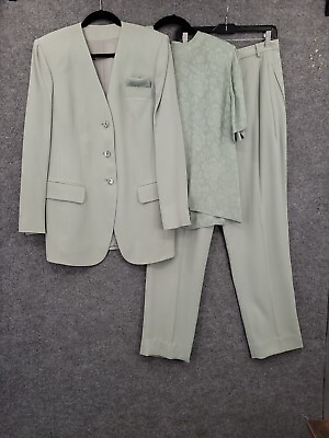 #ad Master Design Womens 3 Piece Pant Suit 10 Wool Silk Long Line Jacket Lined Green $120.00