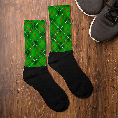 #ad Green Tartan Pattern Retro Plaid Texture Black Foot Sublimated Socks Size M L XL $17.59