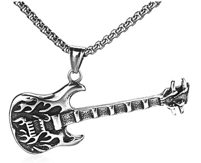 #ad New Mens Rock N Roll Guitar Necklace Pendant Cool Biker Music Stainless Steel $10.68